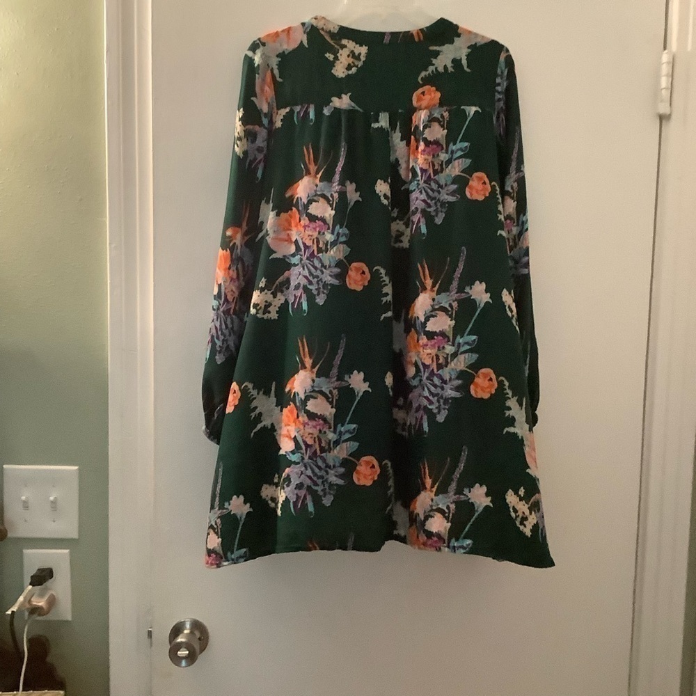 World Market long sleeve dress, size S-M. Hunter green with florals. - Picture 2 of 5